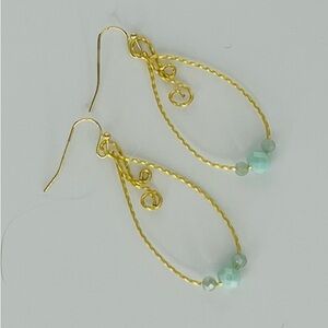 Hand Twisted and Shaped Teardrop Hoop Earrings with Turquoise Glass Beads